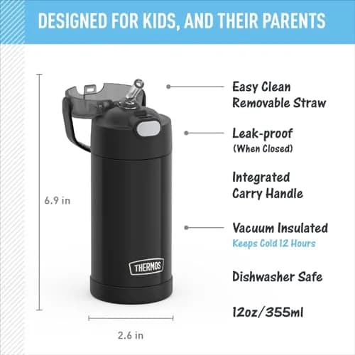 THERMOS FUNTAINER Water Bottle with Straw, 12oz (355ml) Black | Keeps Drinks Cold for 12 Hours thumbnail 2