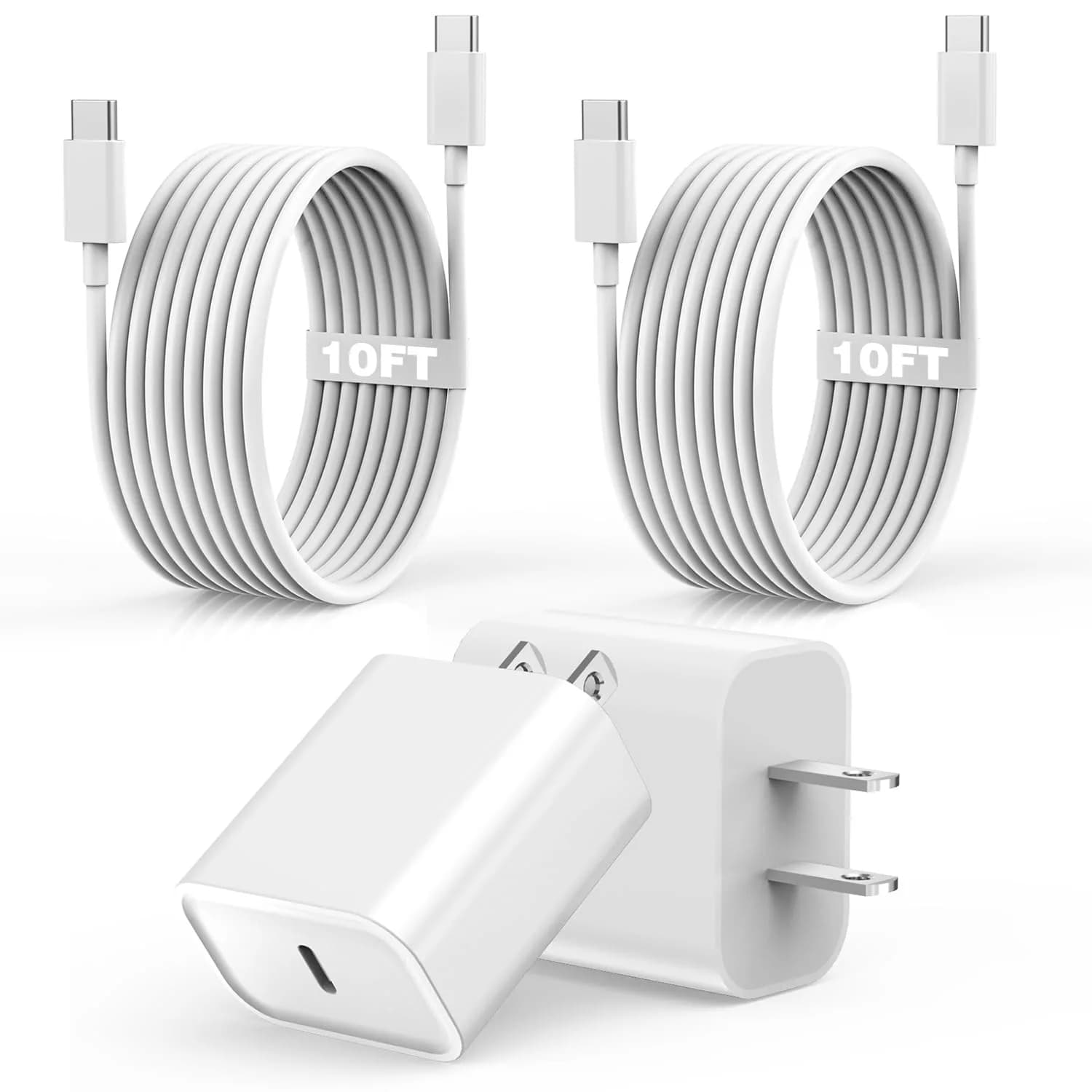 Nuinno 20W Fast Charger for iPhone 17/16/15 & iPad, 2 Pack, 10FT Cables | Ultra-Fast Charging with Safety — White