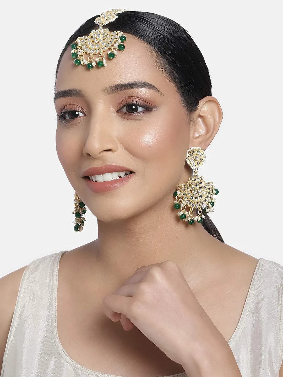I Jewels Gold Plated Kundan & Faux Pearl Chandbali Earrings with Maang Tikka Set | Matte Finish, Traditional Indian Wedding Jewelry — Green