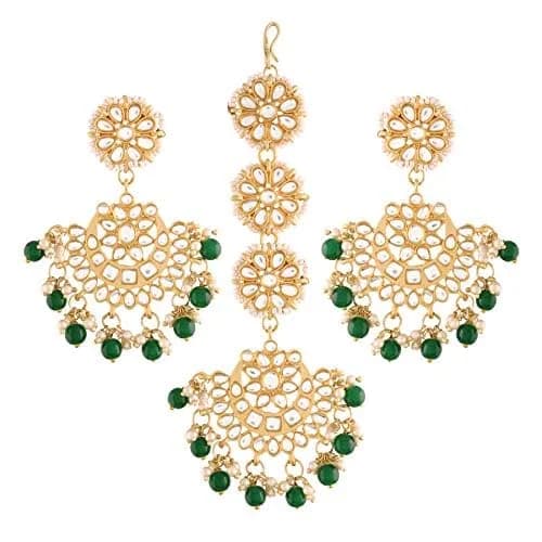I Jewels Gold Plated Kundan & Faux Pearl Chandbali Earrings with Maang Tikka Set | Matte Finish, Traditional Indian Wedding Jewelry - main product image