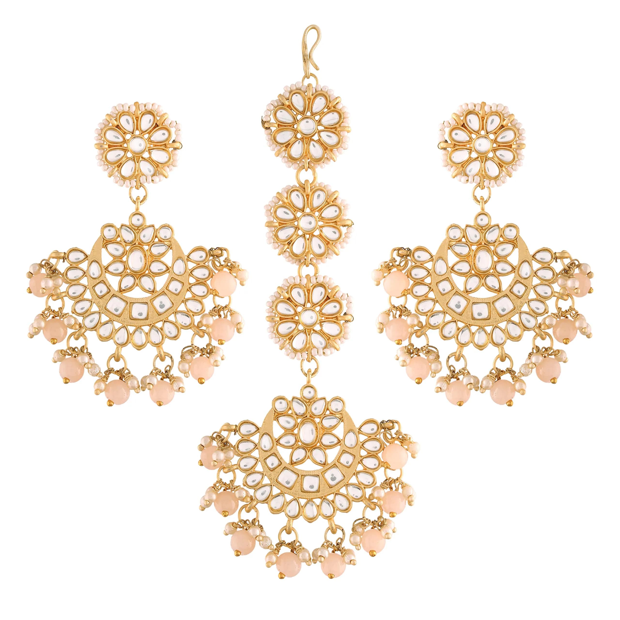 I Jewels Gold Plated Kundan & Faux Pearl Chandbali Earrings with Maang Tikka Set (14.3cm Maang Tikka, 7cm Earrings) | Traditional Indian Wedding Jewelry — Peach