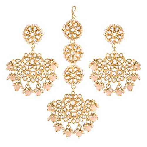 I Jewels Gold Plated Kundan & Faux Pearl Chandbali Earrings with Maang Tikka Set (14.3cm Maang Tikka, 7cm Earrings) | Traditional Indian Wedding Jewelry thumbnail 1