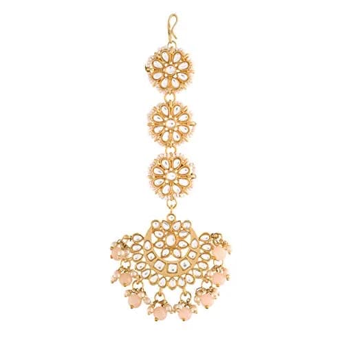 I Jewels Gold Plated Kundan & Faux Pearl Chandbali Earrings with Maang Tikka Set (14.3cm Maang Tikka, 7cm Earrings) | Traditional Indian Wedding Jewelry thumbnail 4