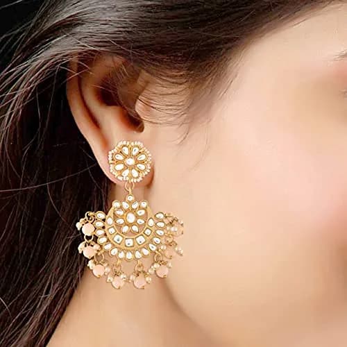 I Jewels Gold Plated Kundan & Faux Pearl Chandbali Earrings with Maang Tikka Set (14.3cm Maang Tikka, 7cm Earrings) | Traditional Indian Wedding Jewelry thumbnail 5