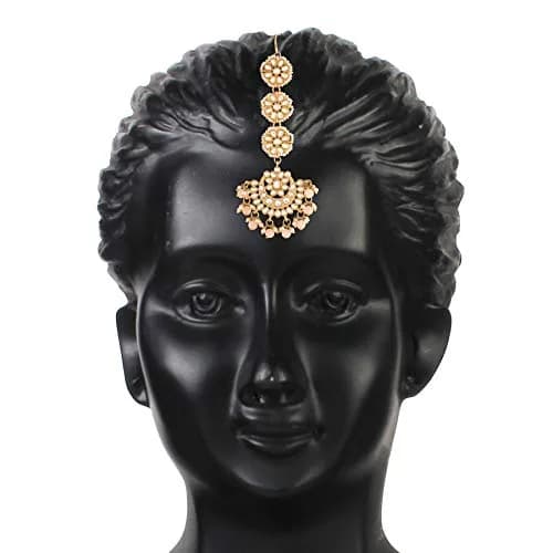 I Jewels Gold Plated Kundan & Faux Pearl Chandbali Earrings with Maang Tikka Set (14.3cm Maang Tikka, 7cm Earrings) | Traditional Indian Wedding Jewelry thumbnail 6