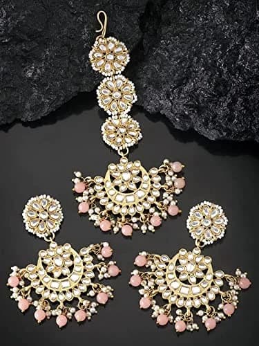 I Jewels Gold Plated Kundan & Faux Pearl Chandbali Earrings with Maang Tikka Set (14.3cm Maang Tikka, 7cm Earrings) | Traditional Indian Wedding Jewelry thumbnail 2