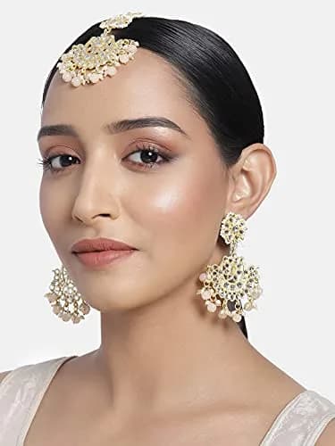 I Jewels Gold Plated Kundan & Faux Pearl Chandbali Earrings with Maang Tikka Set (14.3cm Maang Tikka, 7cm Earrings) | Traditional Indian Wedding Jewelry thumbnail 3