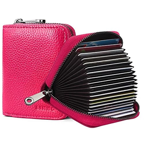 Linno Rose Red RFID Genuine Leather Credit Card Holder Wallet with Zipper | 20 Slots - main product image