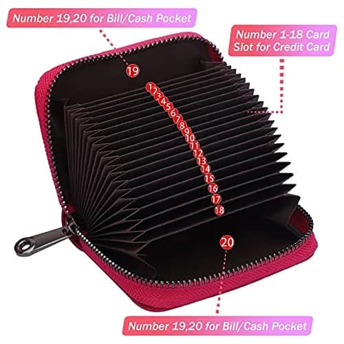 Linno Rose Red RFID Genuine Leather Credit Card Holder Wallet with Zipper | 20 Slots - view 2