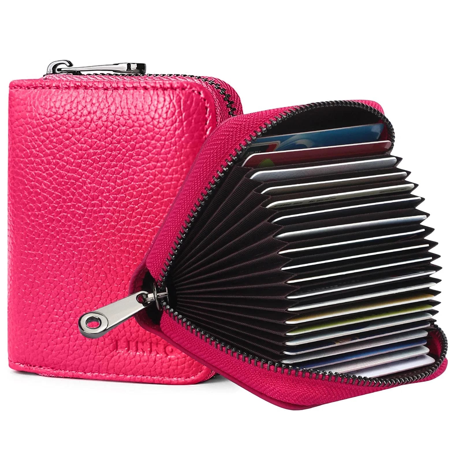 Linno RFID Genuine Leather Credit Card Holder Small Wallet with Zipper | 20 Slots — Rose Red