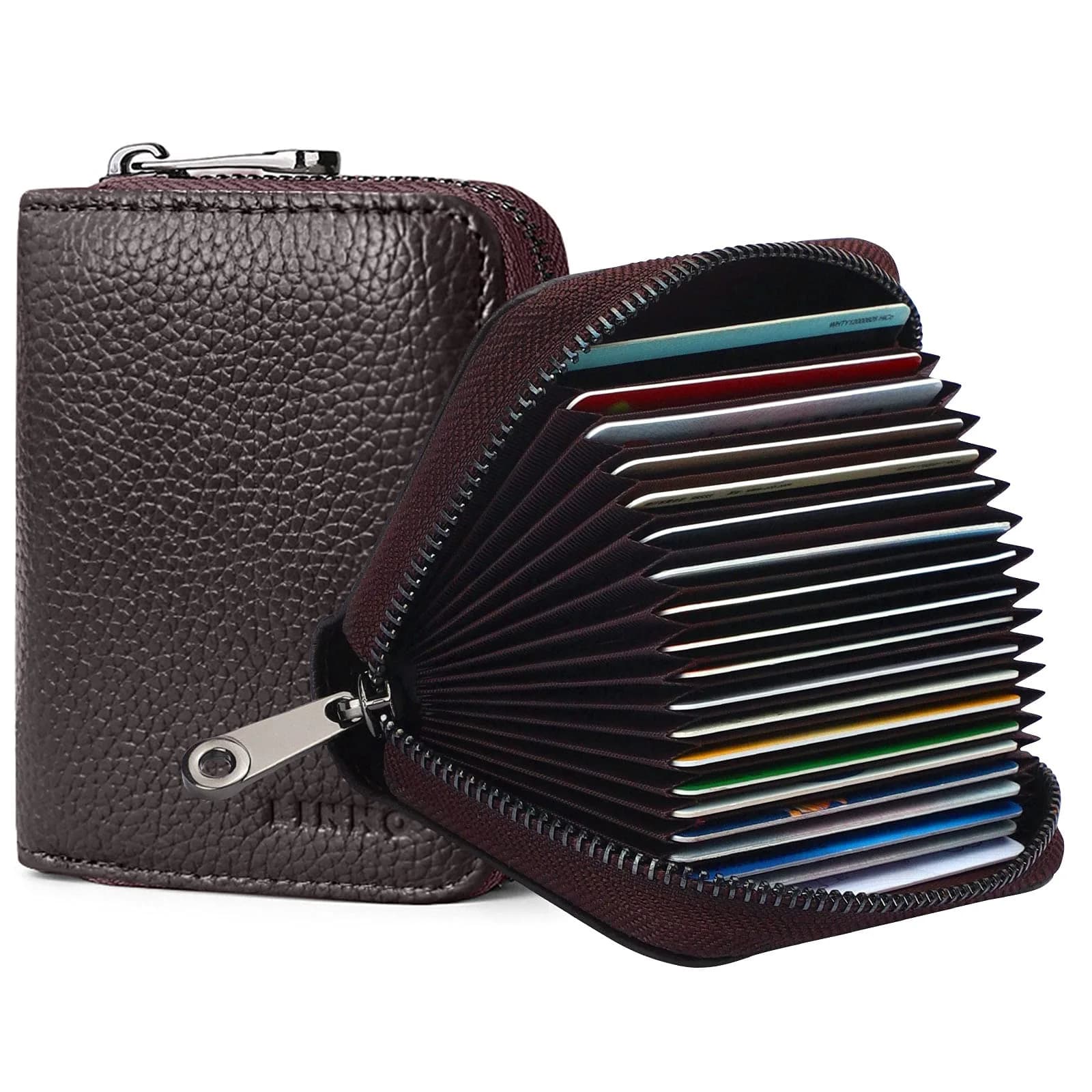 Linno RFID Genuine Leather Credit Card Holder Small Wallet with Zipper | 20 Slots — Coffee