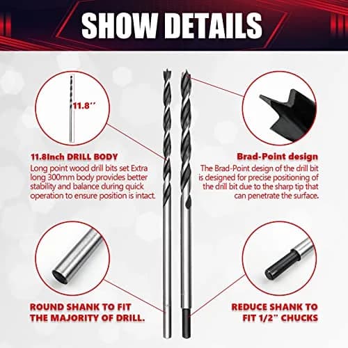 wesleydrill Extra Long Brad Point Drill Bit Set 12 inch (300mm) Carbon Steel | Woodworking Precision thumbnail 4