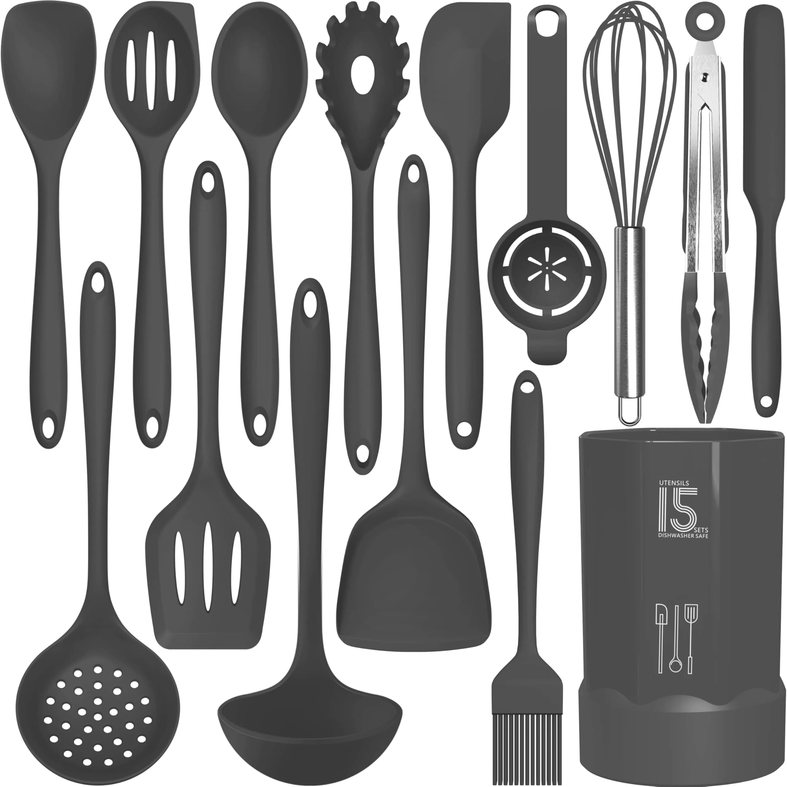 AOTHOD Silicone Cooking Utensils Set - 446°F Heat Resistant Kitchen Gadgets for Nonstick Cookware (Large, Gray) — Gray
