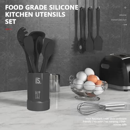 AOTHOD Silicone Cooking Utensils Set - 446°F Heat Resistant Kitchen Gadgets for Nonstick Cookware (Large, Gray) thumbnail 2