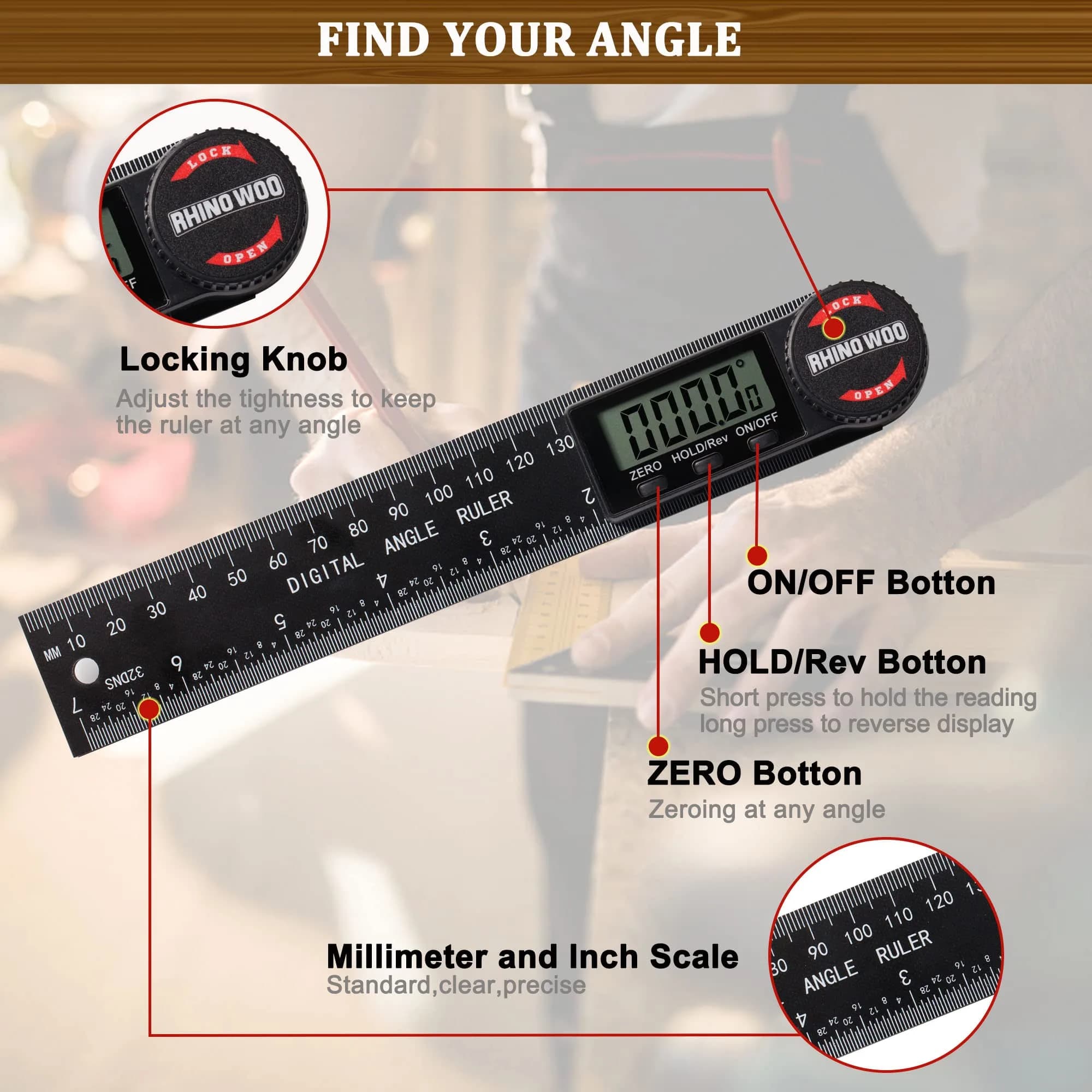 TBVHOMM Digital Angle Finder Protractor with 7-inch Ruler, 0-360° Measurement, Enhanced ABS | Precision Tool for Woodworking and Construction - view 2