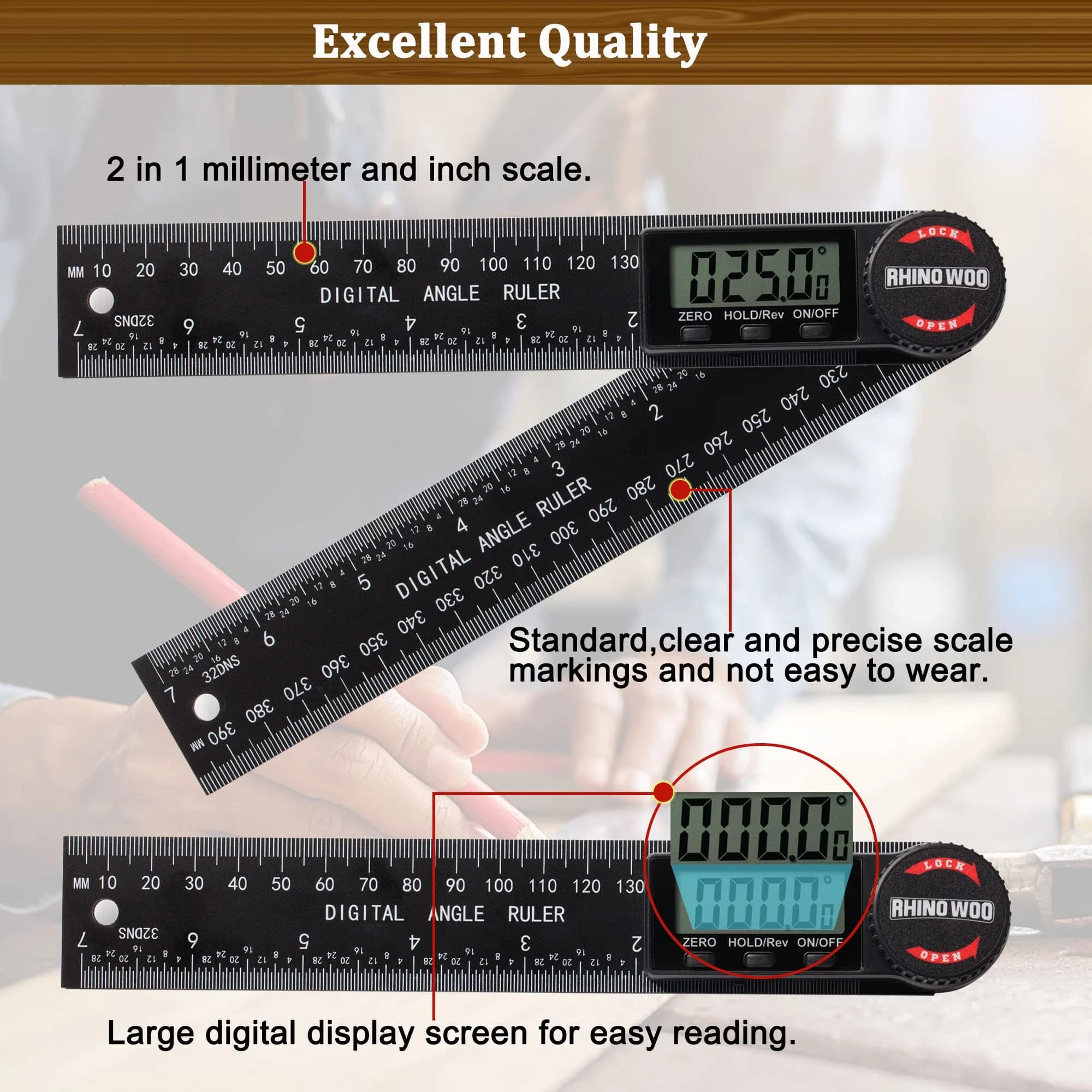 TBVHOMM Digital Angle Finder Protractor with 7-inch Ruler, 0-360° Measurement, Enhanced ABS | Precision Tool for Woodworking and Construction - view 3
