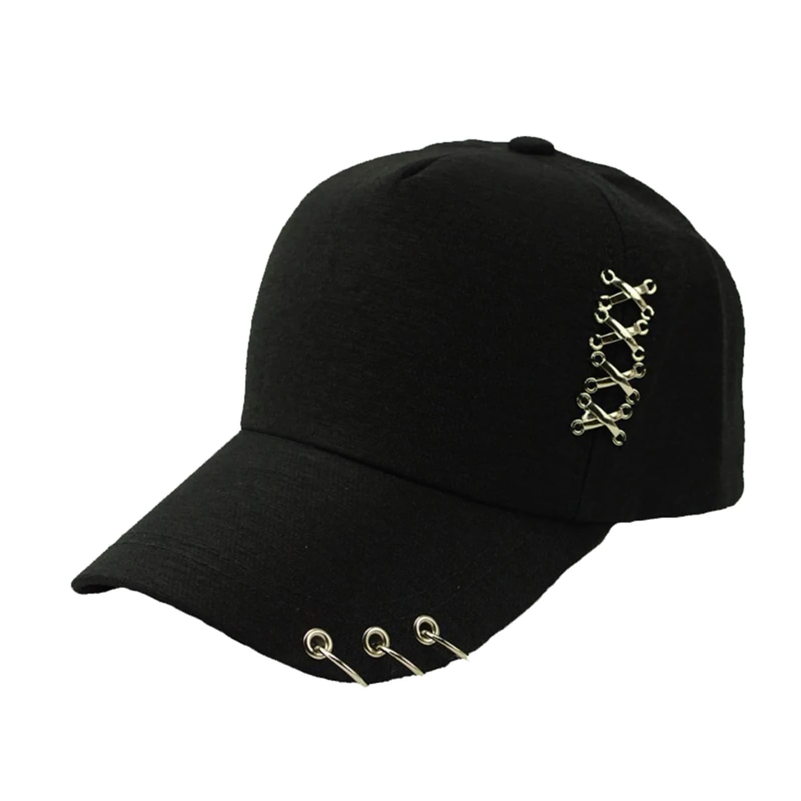 OVOY Kpop Ring Baseball Cap with Iron Rings, Black, 22.8 inch (58 cm) Circumference | Adjustable Snapback for Streetwear — Black-2