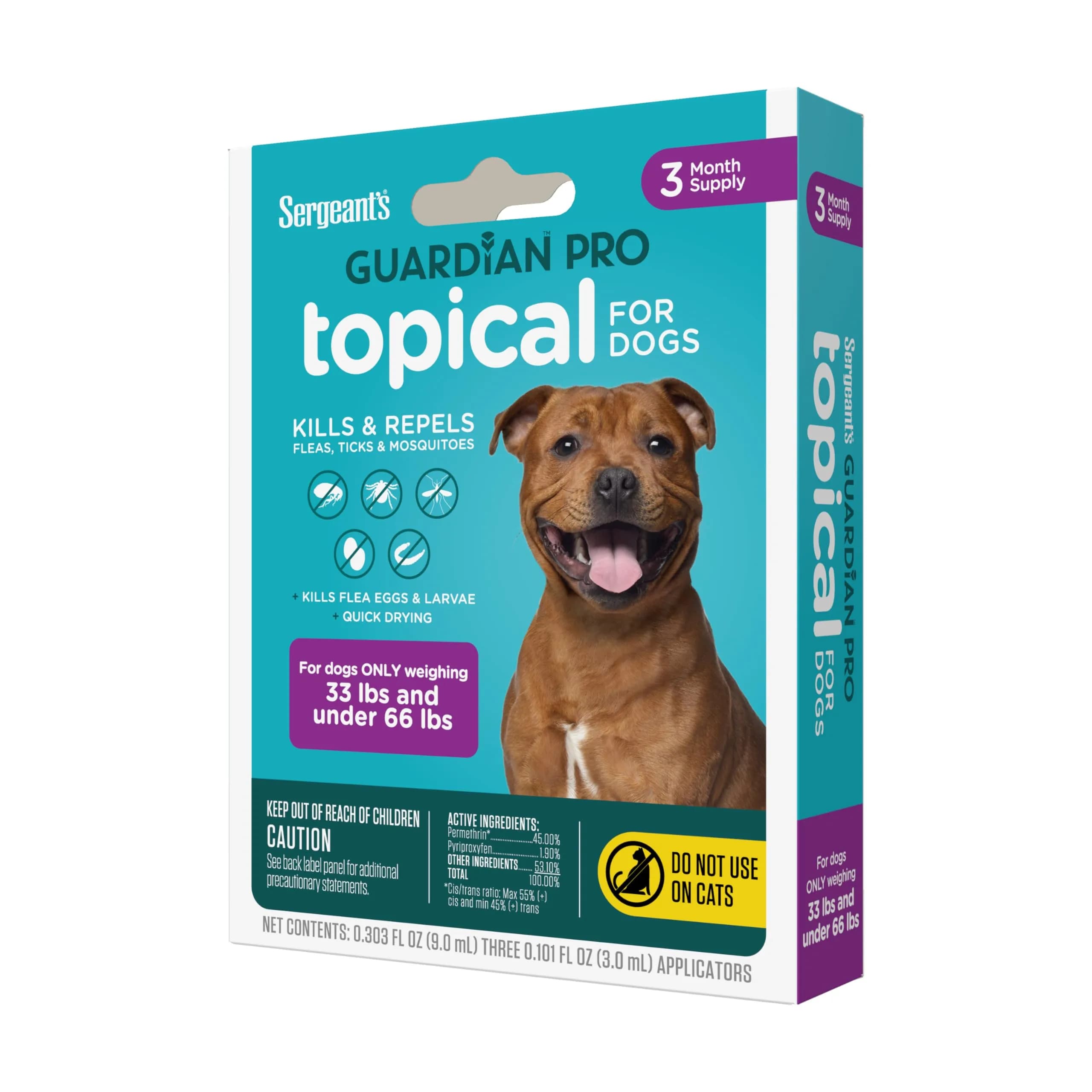 Sergeant's Guardian PRO Flea & Tick Topical for Dogs 33-66 lbs | 3-Month Protection, Quick Drying