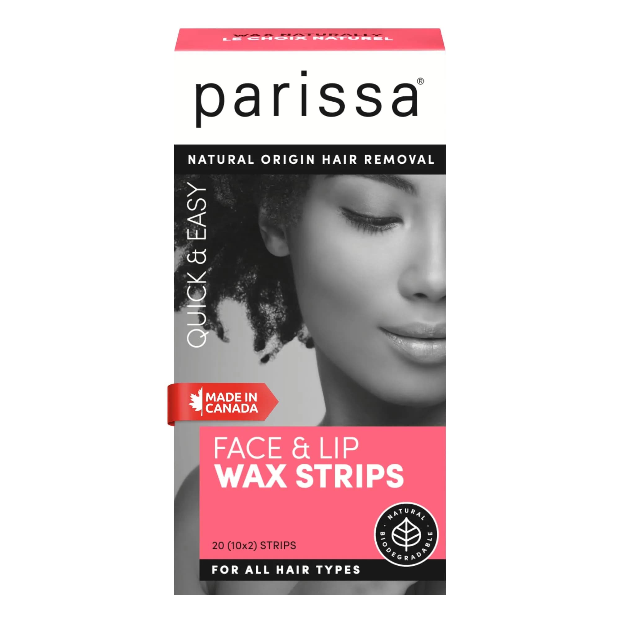 Parissa Natural Face & Lip Wax Strips — Facial Hair Removal for Sensitive Skin | Ready-to-Use | 20 Strips (10 x 2) | Gentle & Biodegradable — Pink