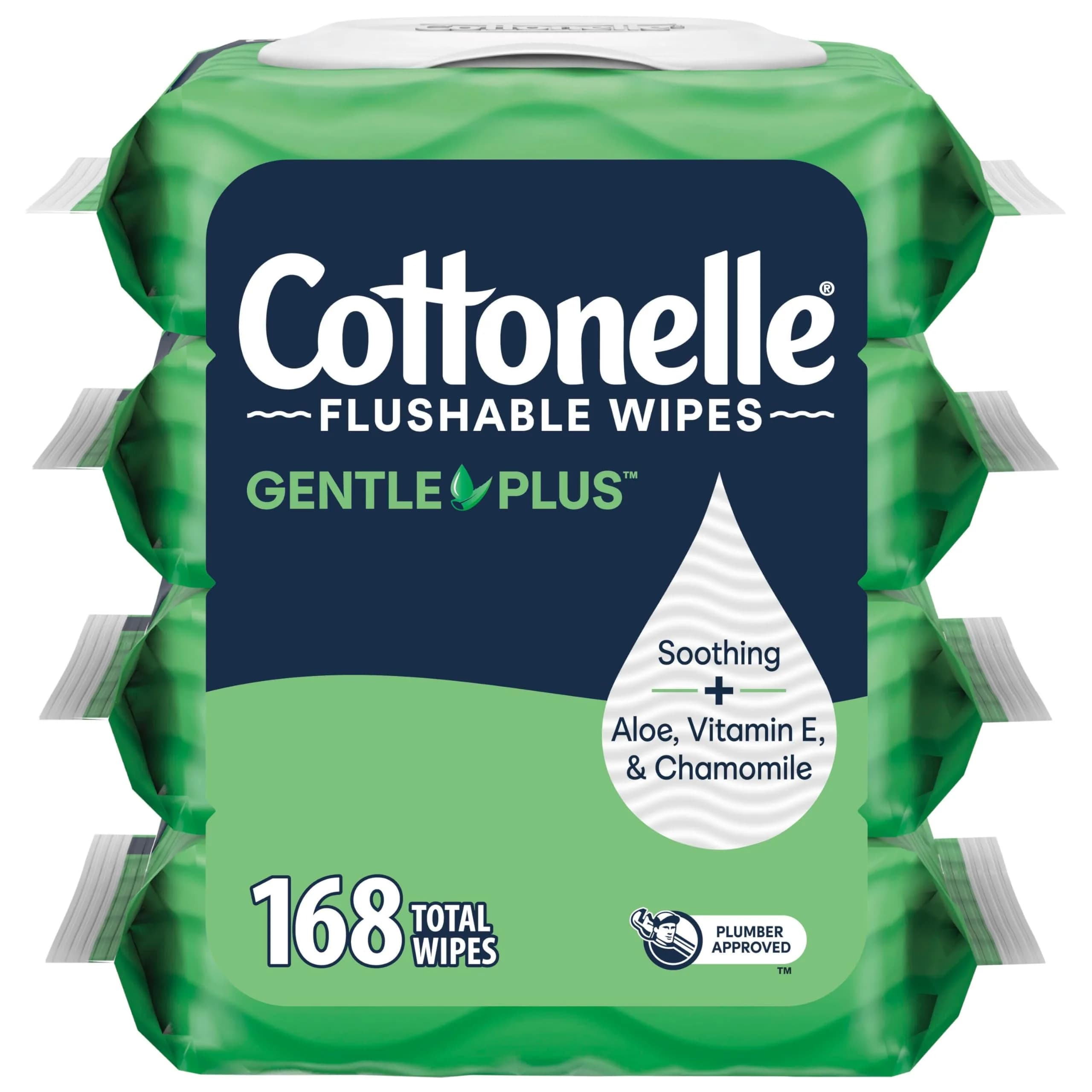 Cottonelle GentlePlus Flushable Wet Wipes with Aloe & Vitamin E | 4 Flip-Top Packs, 42 Wipes Each (168 Total) | Septic-Safe, Hypoallergenic, Aloe & Vitamin E — White