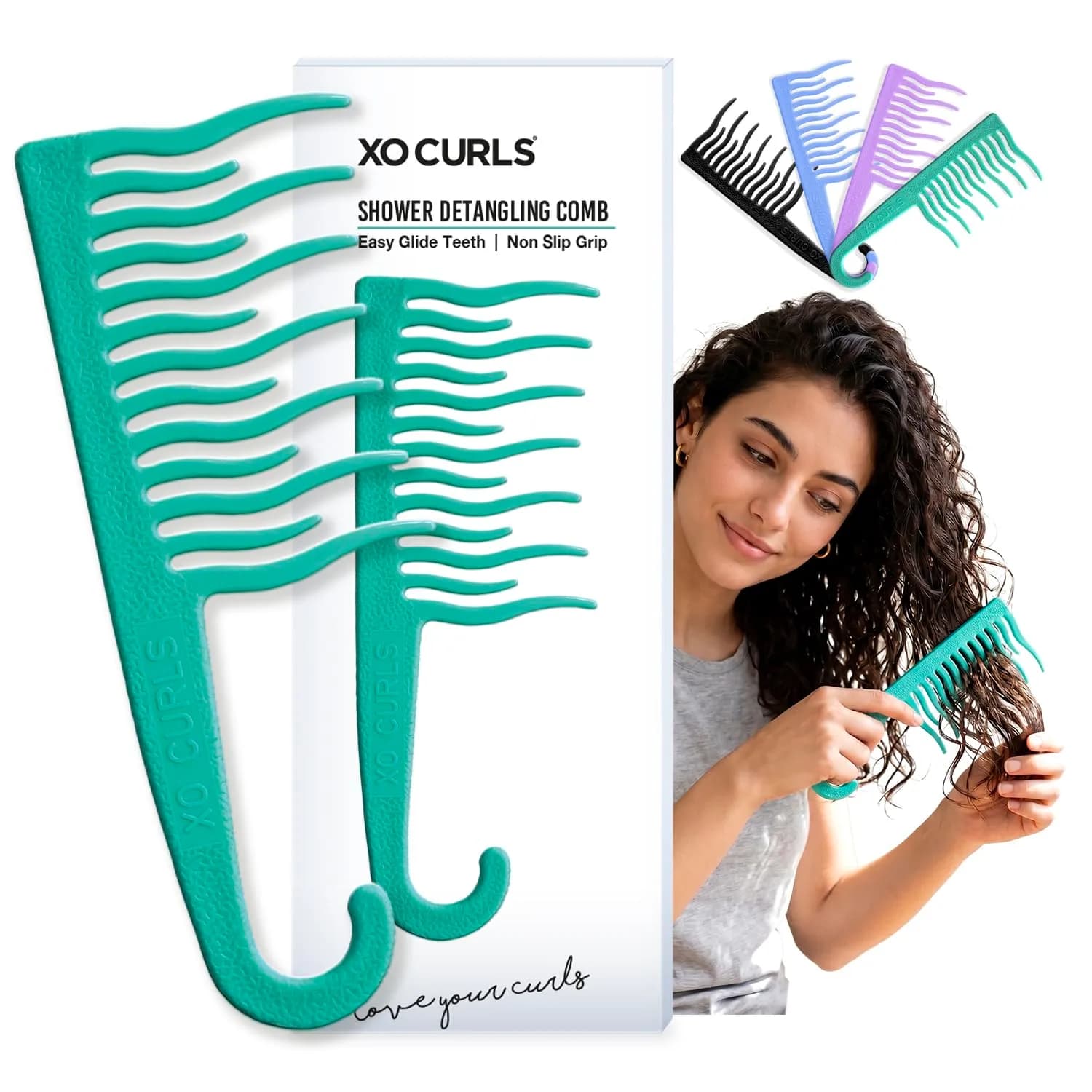 XO Curls Shower Detangling Hair Comb, Wide Tooth Comb, Gentle on Curly & Wavy Hair, 8 Inch x 3 Inch | Non-Slip Grip & Hook — Green