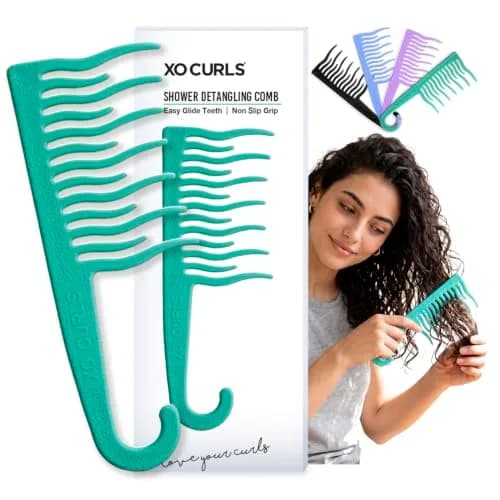 XO Curls Shower Detangling Comb - wide tooth comb with hook for easy hanging in shower, removes knots and tangles gently thumbnail 1