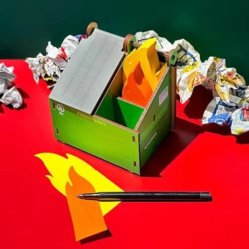 Fred & Friends Desk Dumpster Pencil Holder with Flame Note Cards | Unique Cube Organizer for Workspace thumbnail 6