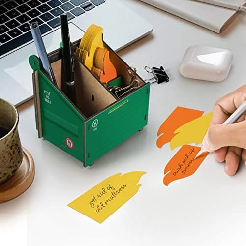 Fred & Friends Desk Dumpster Pencil Holder with Flame Note Cards | Unique Cube Organizer for Workspace thumbnail 2