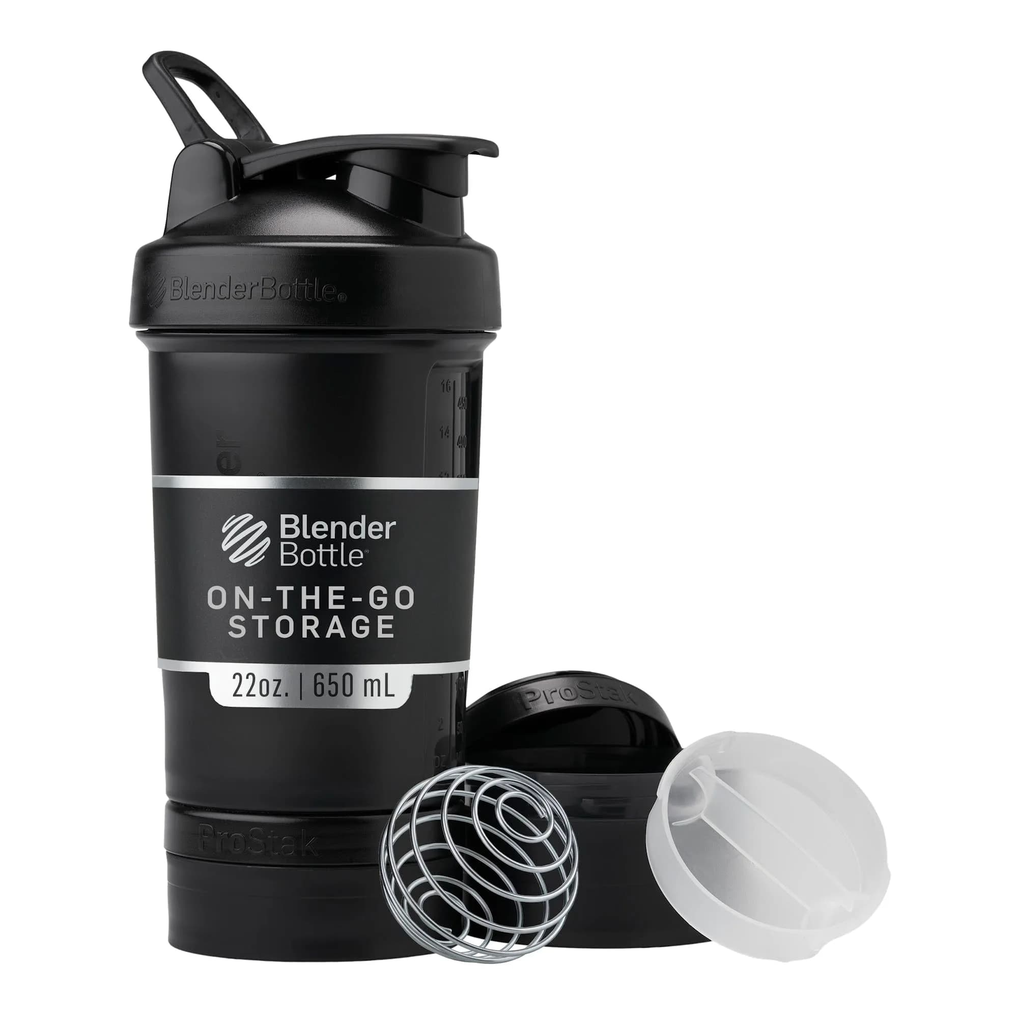 BlenderBottle ProStak Shaker Bottle with Pill Organizer & Storage Jars 650ml (22 oz) Midnight Black | Leak-Proof Protein Shaker for Gym & Athletes — Midnight Black