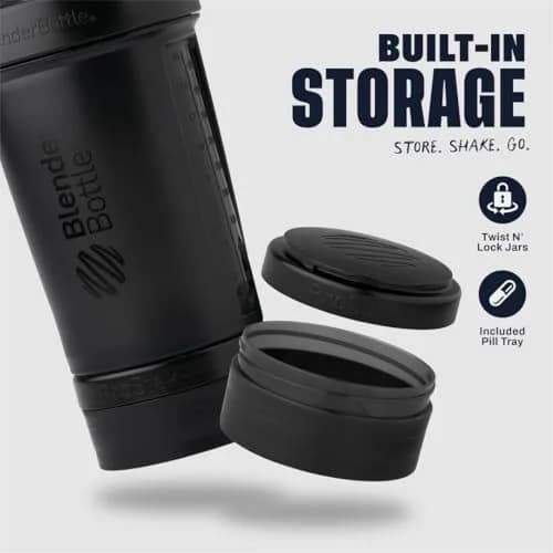 BlenderBottle ProStak Shaker Bottle with Pill Organizer & Storage Jars 650ml (22 oz) Midnight Black | Leak-Proof Protein Shaker for Gym & Athletes thumbnail 2