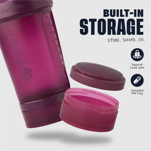 BlenderBottle ProStak Shaker Bottle with Pill Organizer & Storage Jars 650ml (22 oz) Plum | Leak-Proof Mixing System thumbnail 2