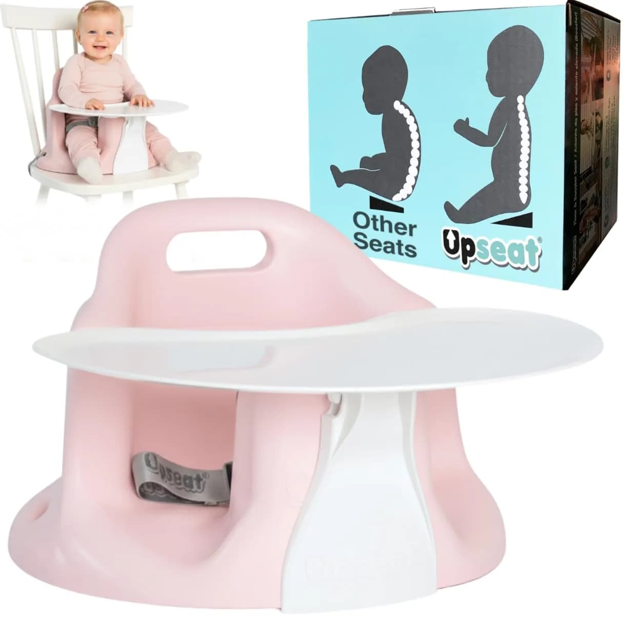 Upseat Baby Floor & Booster Seat with Tray 4-24 Months | Ergonomic & Safe — Pink
