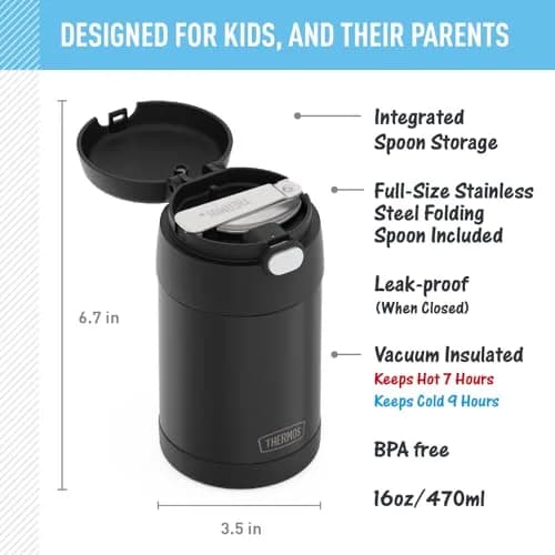 THERMOS FUNTAINER Food Jar with Spoon, 16oz (473ml) Matte Black | Keeps Food Hot 7 Hrs, Cold 9 Hrs thumbnail 2