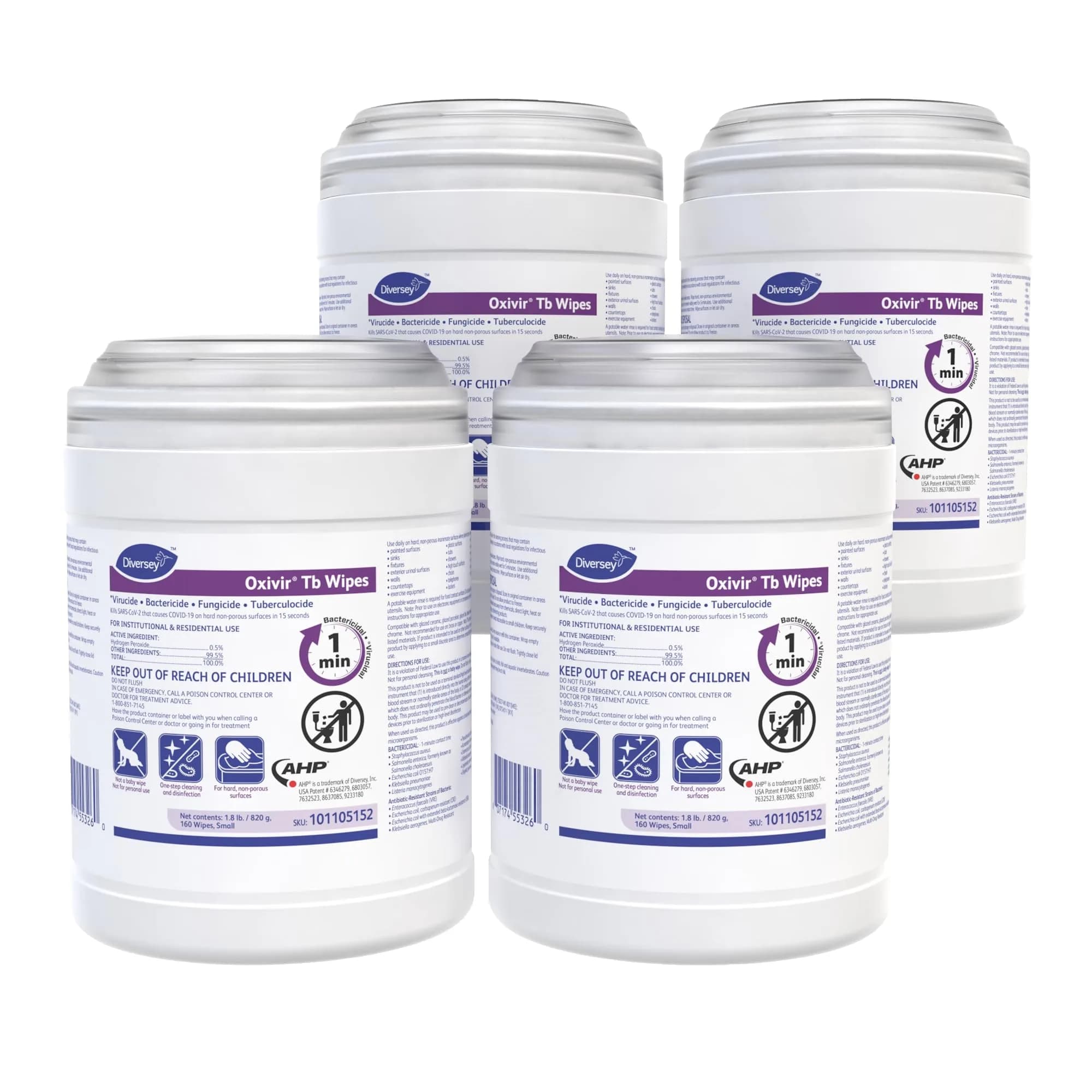 Oxivir Tb Disinfectant Wipes, Accelerated Hydrogen Peroxide Cleaner, Unscented, 640 Wipes (160 Wipes x 4 Canisters) | EPA Registered Disinfectant for Surfaces — Colorless