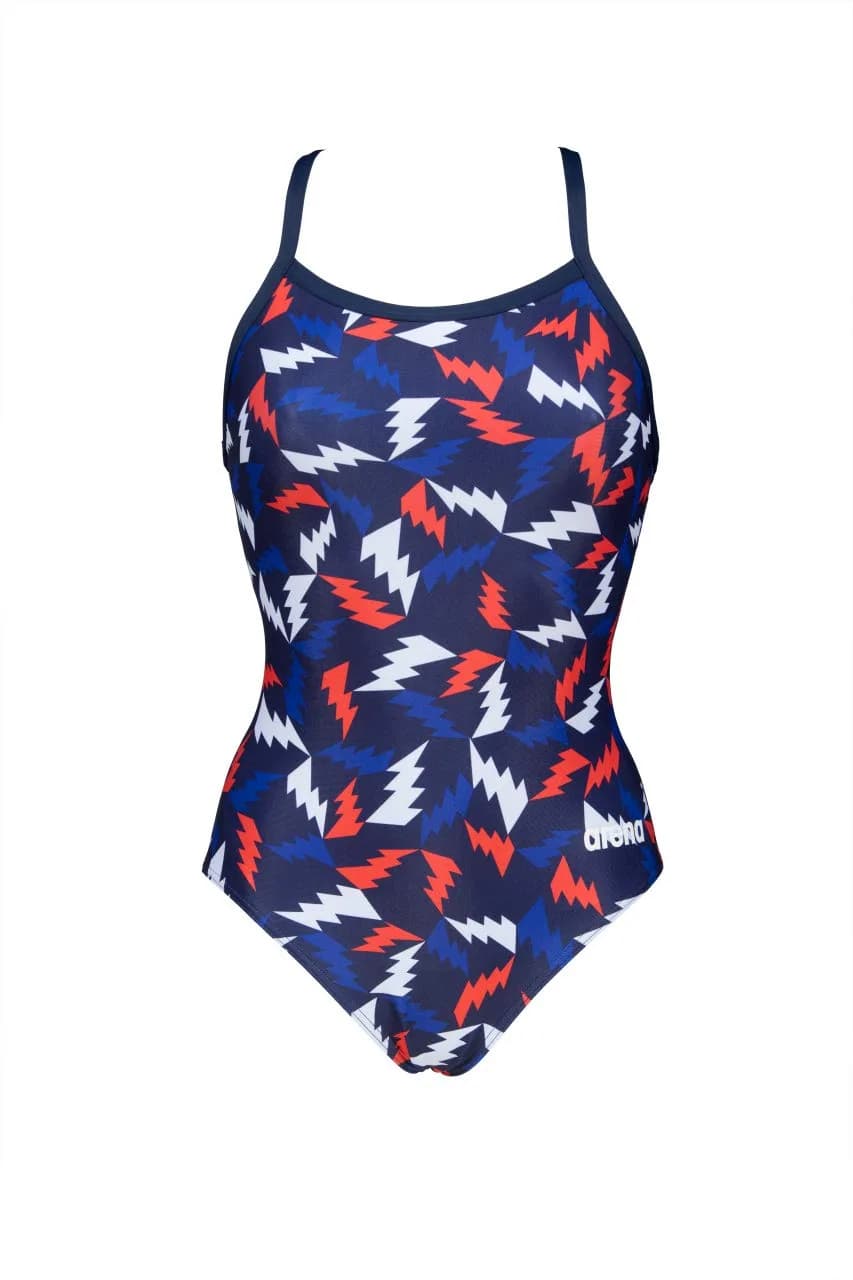 ARENA Women's Print Light Drop Back MaxLife One Piece Athletic Swimsuit, Lightning Colors Navy/Red, 32 | Chlorine-Resistant, Comfortable Fit