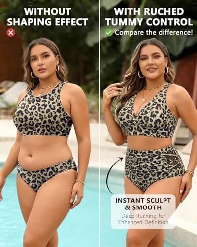 Yonique Plus Size Bikini High Waisted Swimsuit Leopard 16Plus | Tummy Control & Support (70-120 chars) thumbnail 5