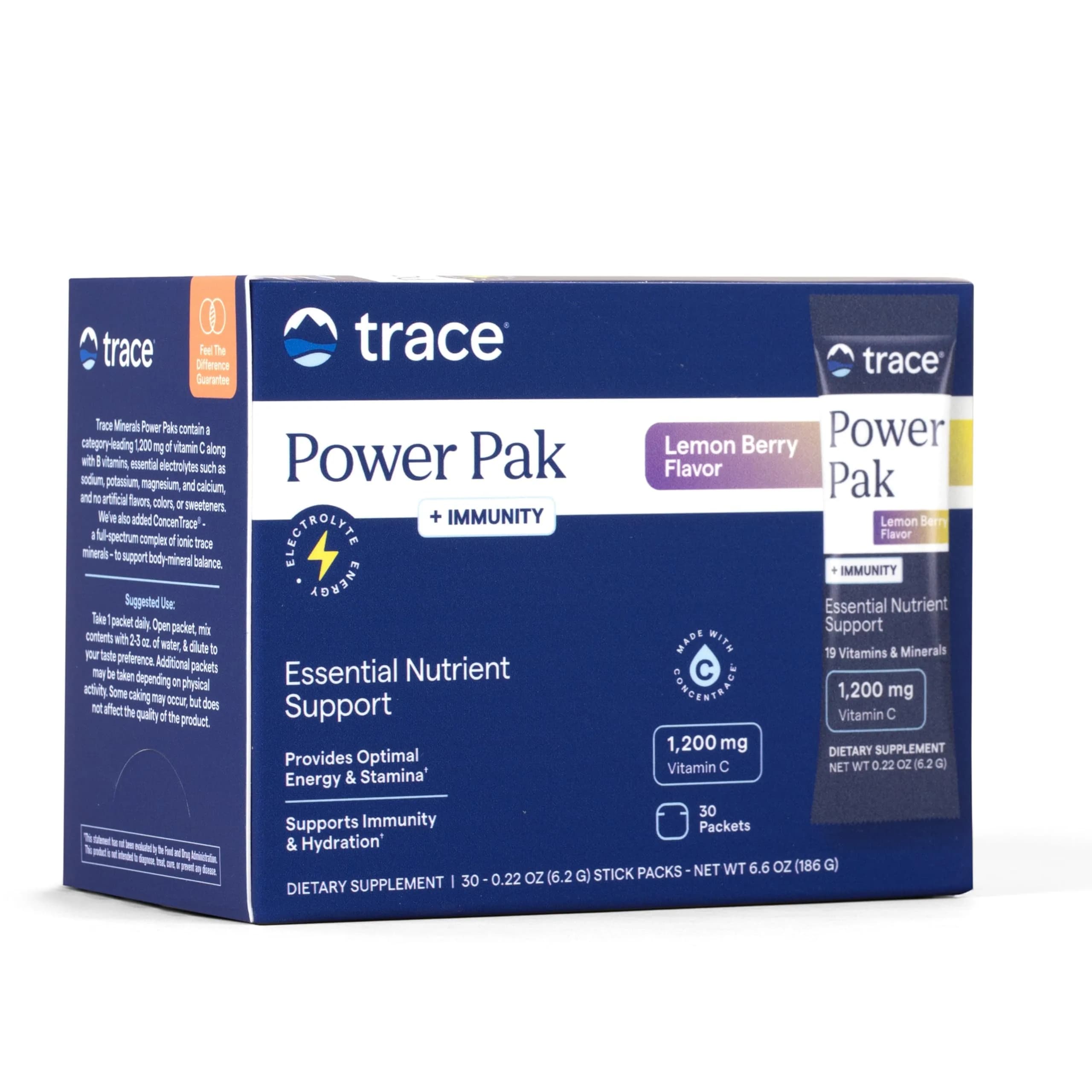 Trace Minerals Power Pak Electrolyte Powder Packets, Lemon Berry | 30 Ct, Hydration & Immunity Support