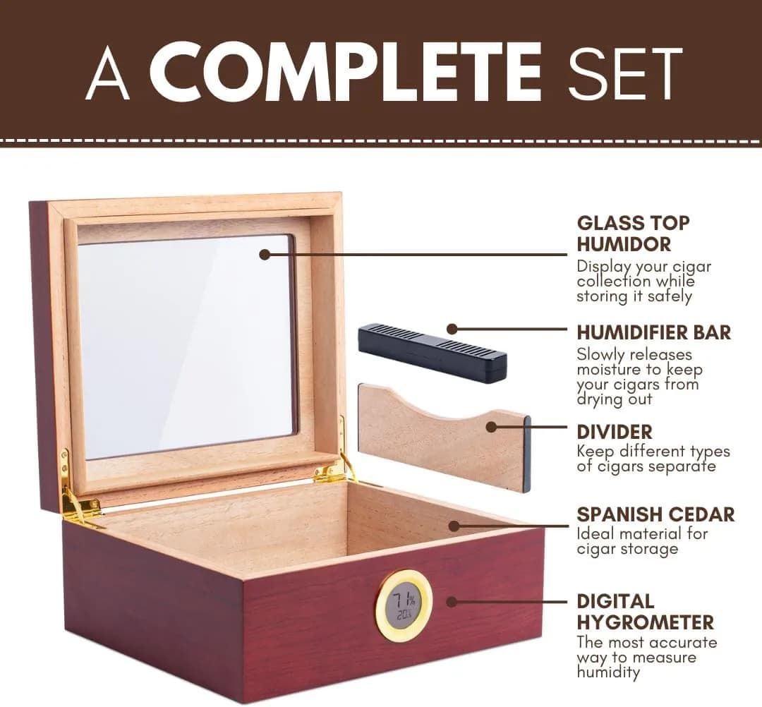 Mantello Cigars Humidor for 25-50 Cigars, 1.77 kg (3.9 lb) | Cedar Lined Cigar Box with Hygrometer & Humidifier - view 3