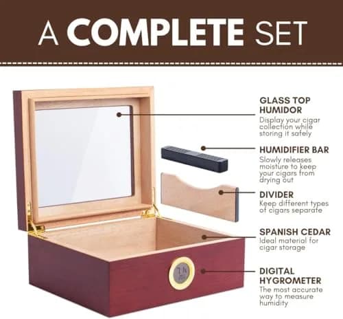 Mantello Cigars Humidor for 25-50 Cigars, 1.77 kg (3.9 lb) | Cedar Lined Cigar Box with Hygrometer & Humidifier thumbnail 3