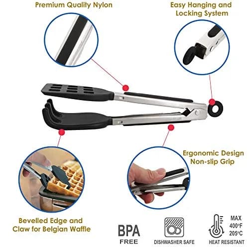 StarBlue Mini Waffle Tongs 8 Inches (20.3 cm) | Heat-Resistant Silicone & Nylon Serving Tongs with Lock thumbnail 2