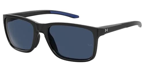 Under Armour Hustle Rectangular Sunglasses Shiny Black Frame w/ Blue Avio Lenses 58mm (2.28in) | Polarized UV Protection — Black