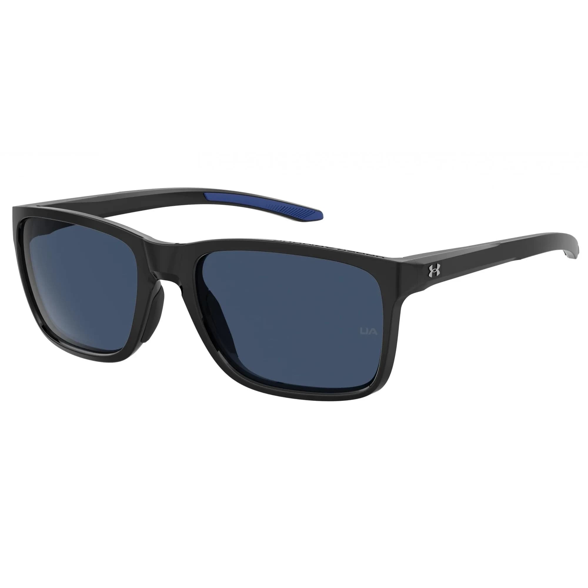 Under Armour Hustle Rectangular Sunglasses Shiny Black Frame w/ Blue Avio Lenses 58mm (2.28in) | Polarized UV Protection - main product image