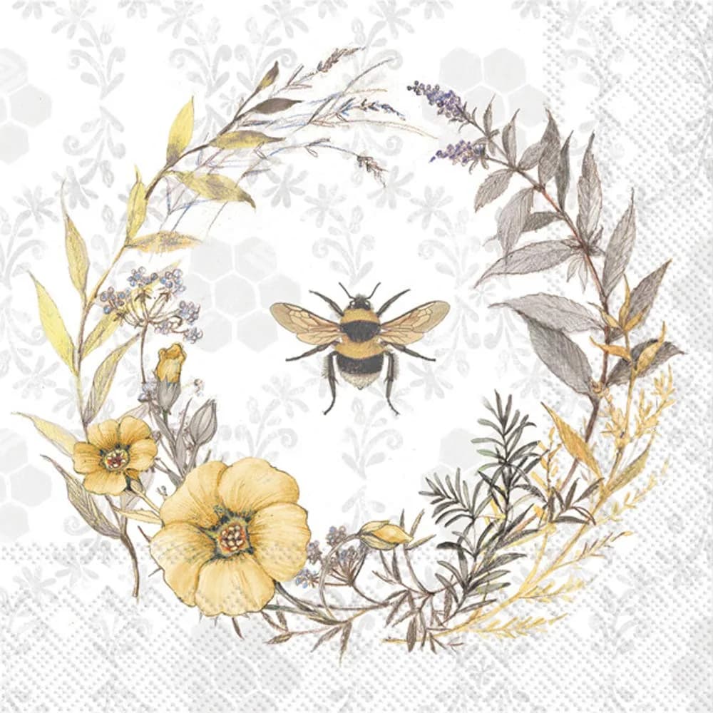 Boston International Bee Wildflower Wreath 3-Ply Paper Napkins 20-Count Lunch Size | Biodegradable & Printed in Germany — Bee Wildflower Wreath