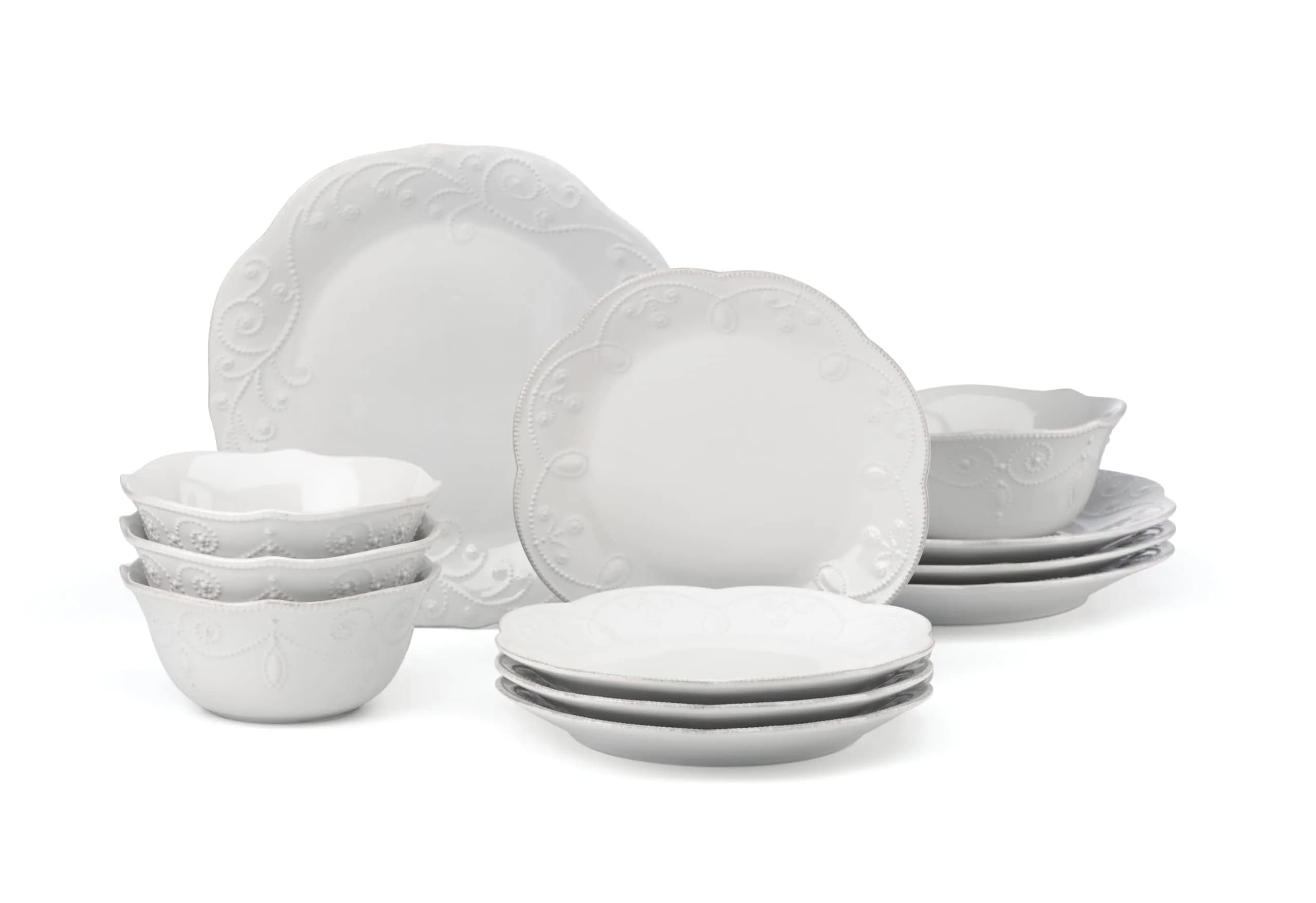 Lenox French Perle Dessert Plates, White, Set of 4 | 20.3 cm (8 Inch) Sweet Plates — 12-Piece Dinnerware Set, All-Purpose Bowls