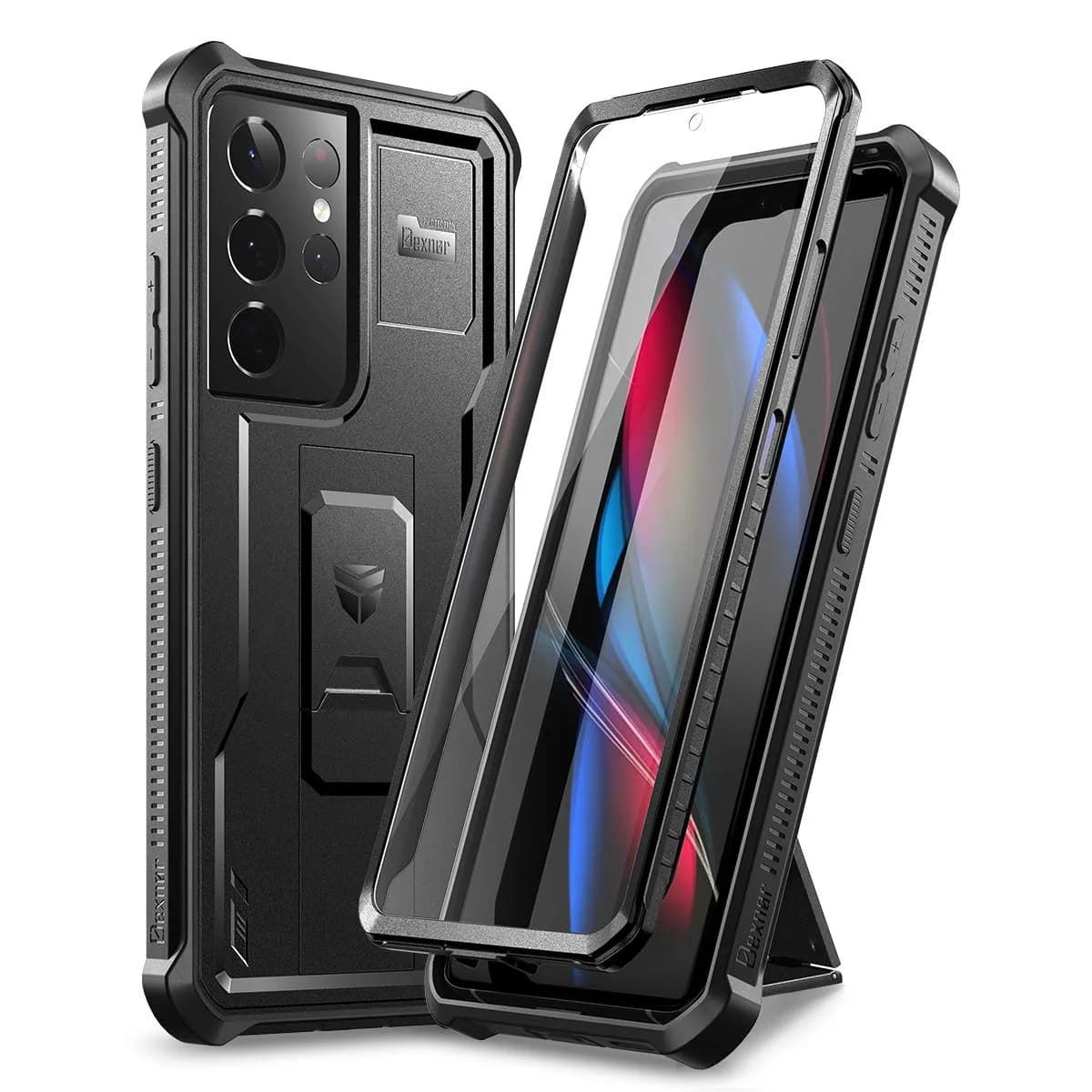 Dexnor Galaxy S21 Ultra Case with Screen Protector & Kickstand | Heavy Duty Shockproof Cover for Samsung Galaxy S21 Ultra 5G, 6.8 inch, Black — Black