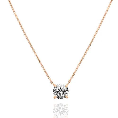 PAVOI CZ Dainty Solitaire Choker Necklace, 14K Gold Plated, Rose Gold, R | 18 Inch Pendant with Cubic Zirconia thumbnail 1