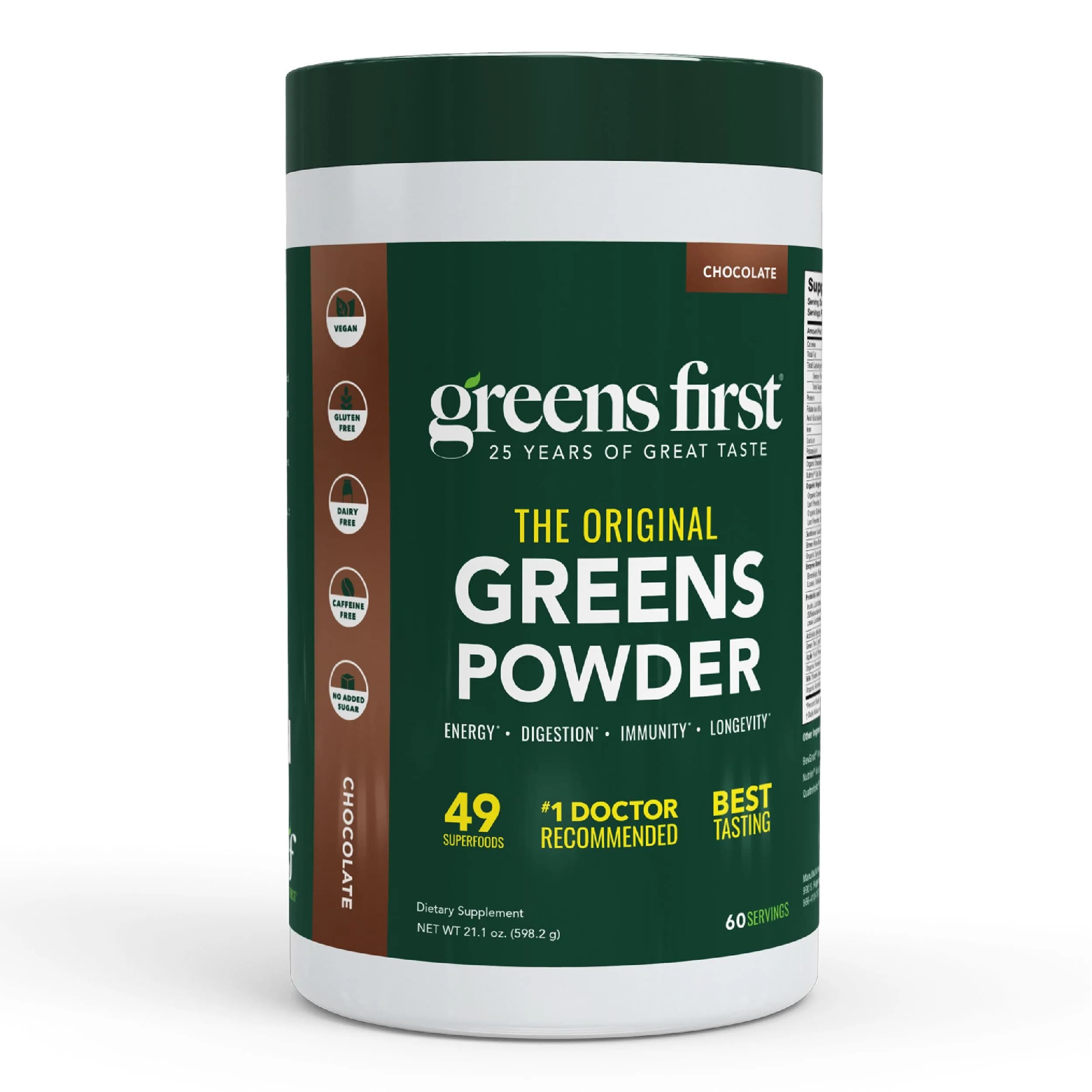 Greens First Original Greens Powder - 49 Superfoods - Organic Fruits & Veggies - Probiotics & Digestive Enzymes - Antioxidant Smoothie - Dairy Free, Vegan & Non-GMO - Chocolate - 60 Servings | Complete Nutritional Support — Chocolate