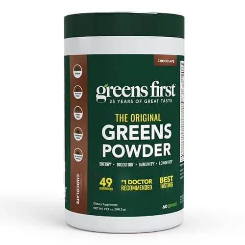 Greens First Original Greens Powder - 49 Superfoods - Organic Fruits & Veggies - Probiotics & Digestive Enzymes - Antioxidant Smoothie - Dairy Free, Vegan & Non-GMO - Chocolate - 60 Servings | Complete Nutritional Support thumbnail 1