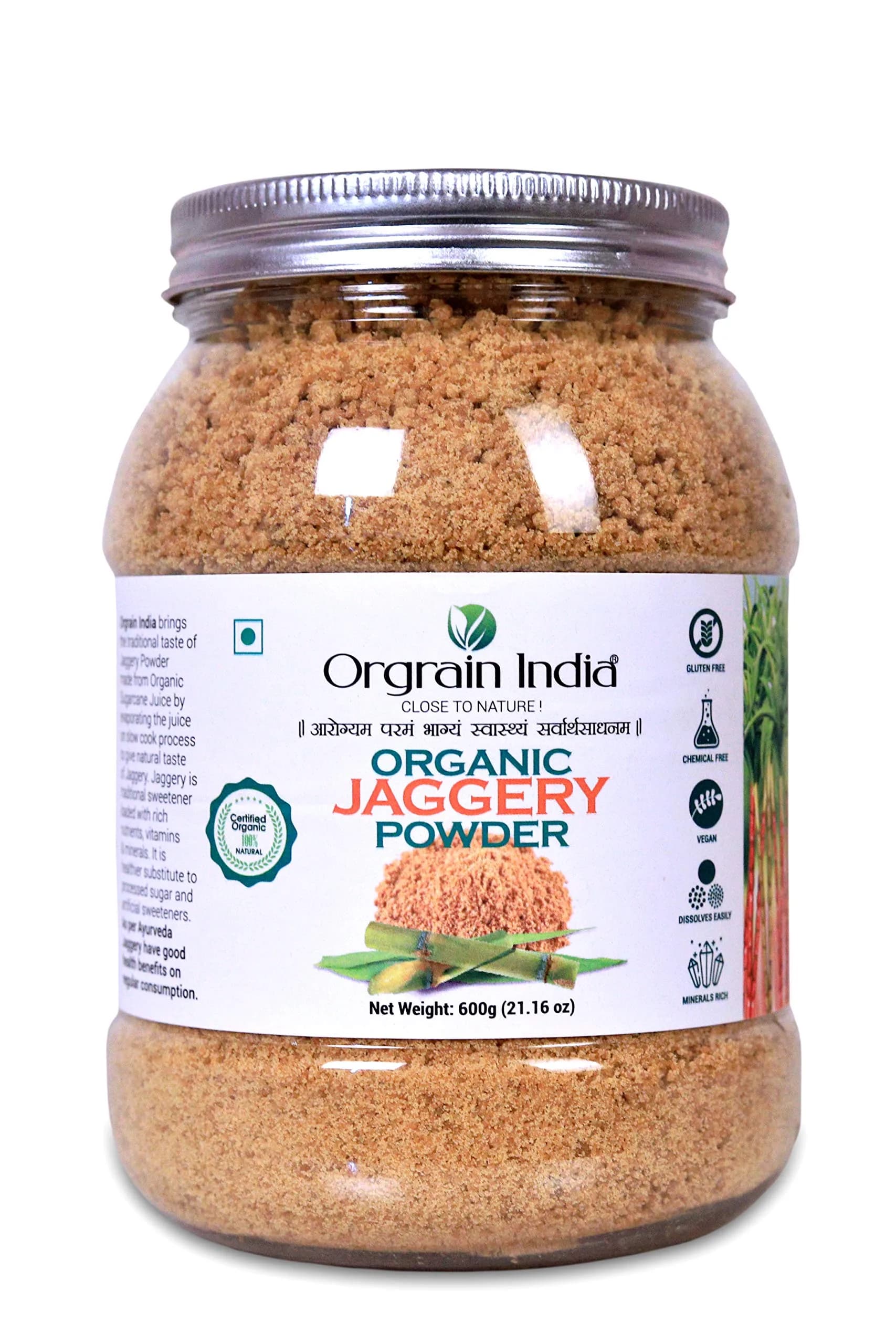 Orgrain India Organic Jaggery Powder 600g (21.16 Oz) | Natural Sweetener for Tea, Coffee & Baking | Hand Crushed Gur Powder - main product image