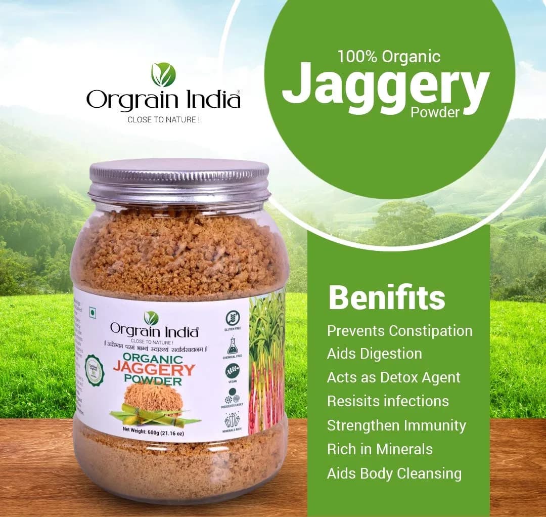 Orgrain India Organic Jaggery Powder 600g (21.16 Oz) | Natural Sweetener for Tea, Coffee & Baking | Hand Crushed Gur Powder - view 2